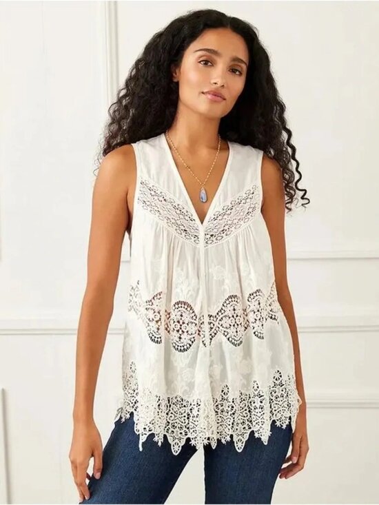 Tops - White Lace Embroidered Boho Tank Top 100% Cotton Sleeveless Crochet Trim Size M
